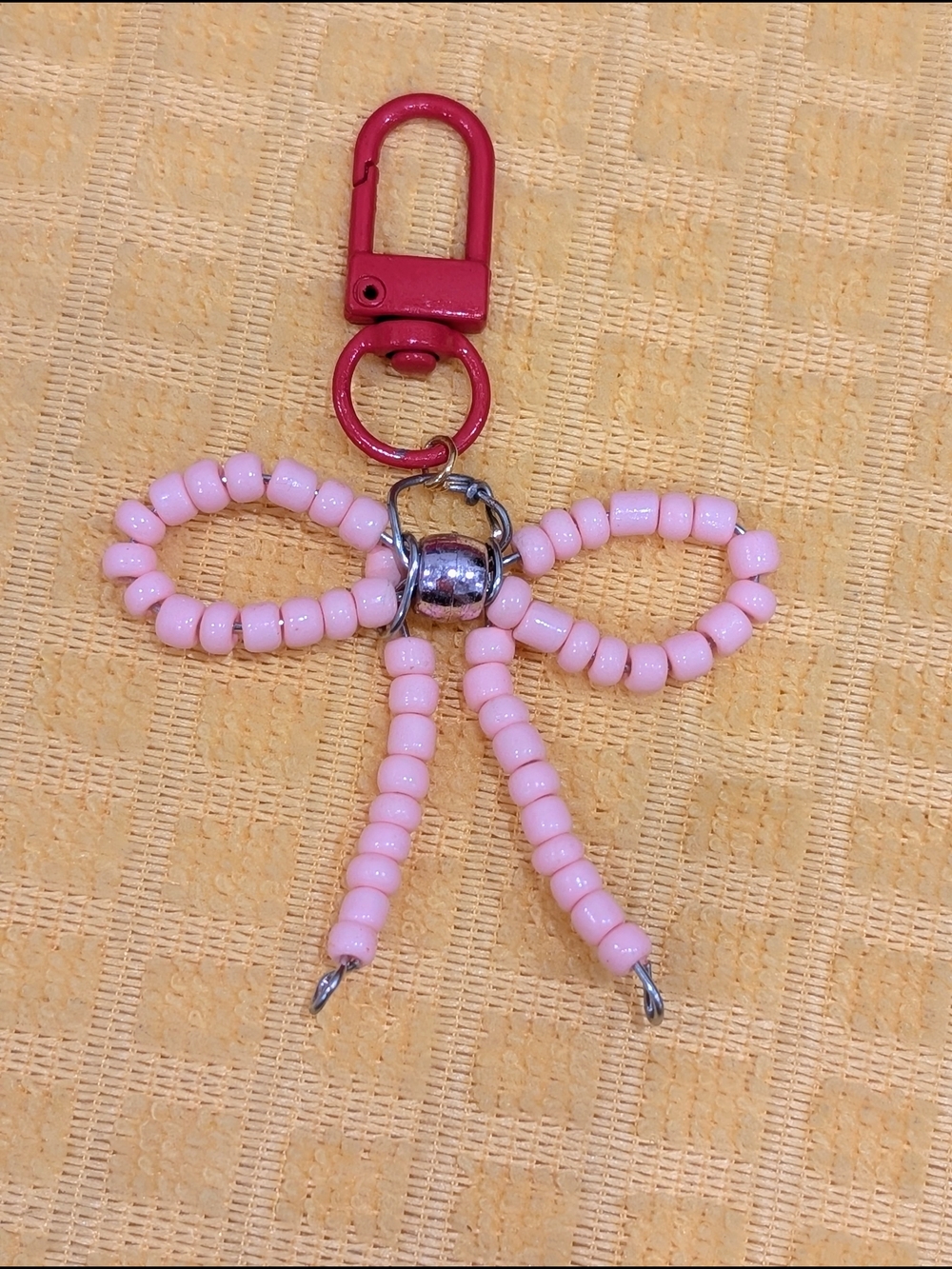 Pink Beaded Bow Keychain with Red Clip